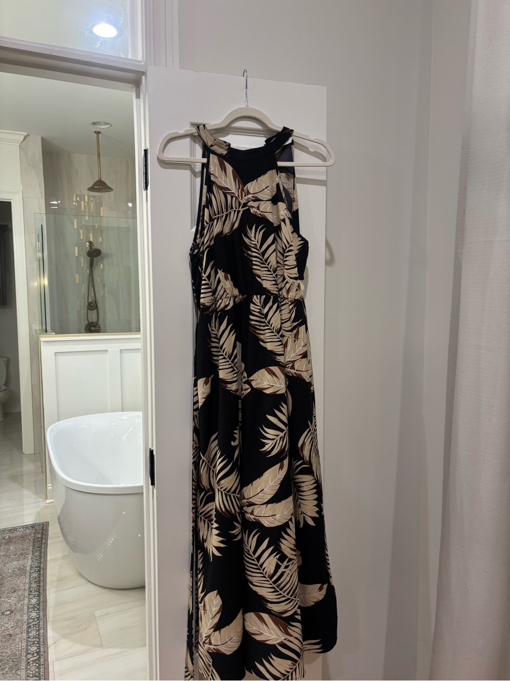 Black Maxi Dress with Beige Leaf Print